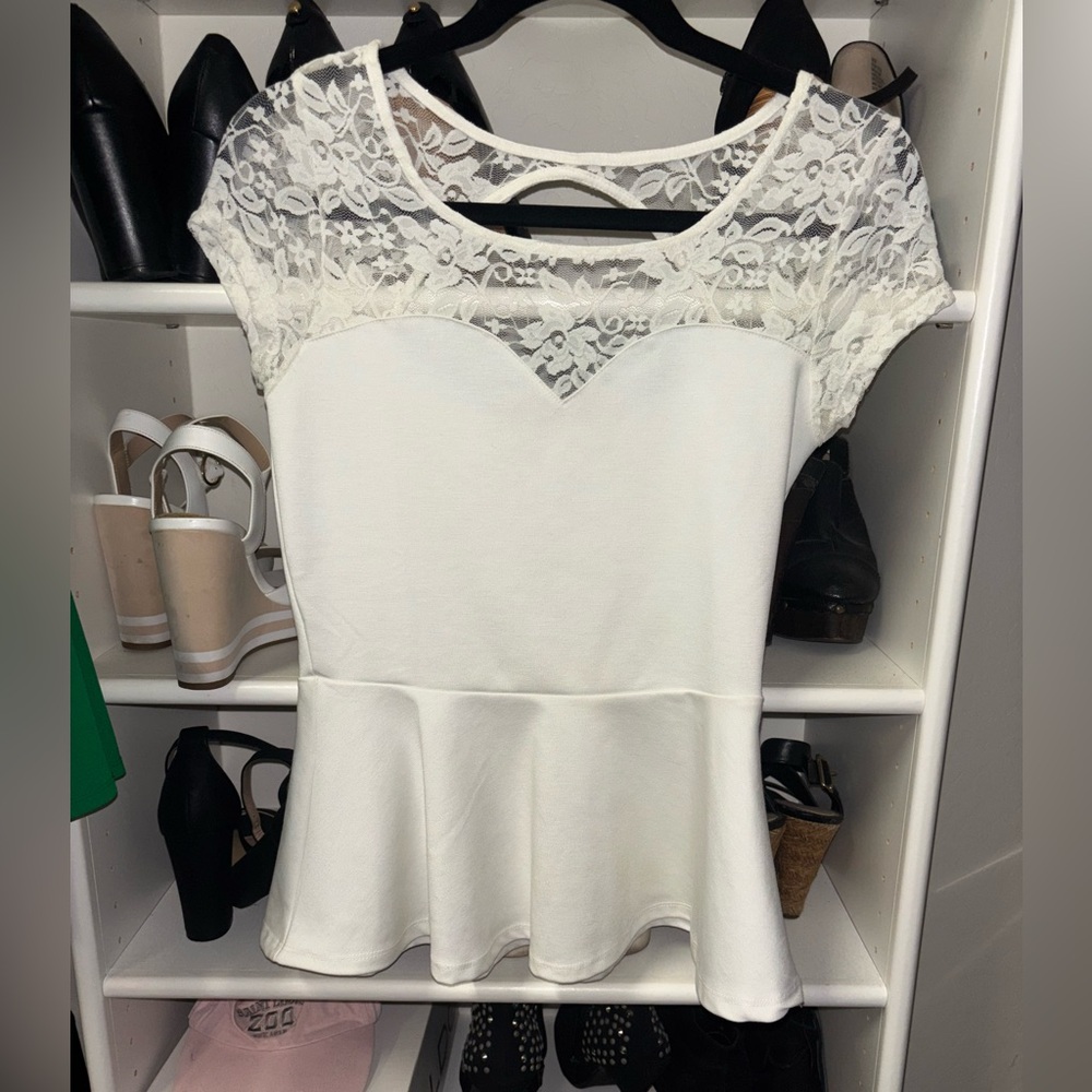 Ambiance White Lace Peplum Cap Sleeve Blouse